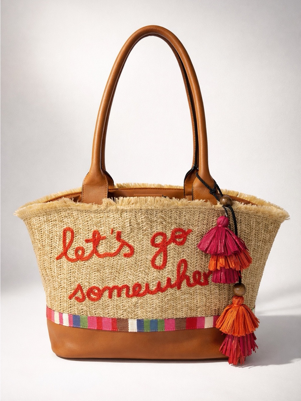 libby. edelman Straw Shoulder Tote with Tan Handles and Pink/Orange Tassels